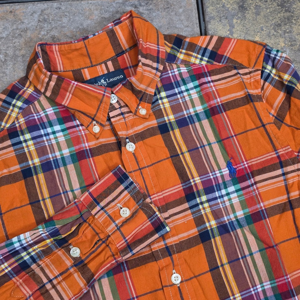 Ralph Lauren Boys Orange Plaid Cotton Button Down Shirt L 14-16 Long Sleeve Pony